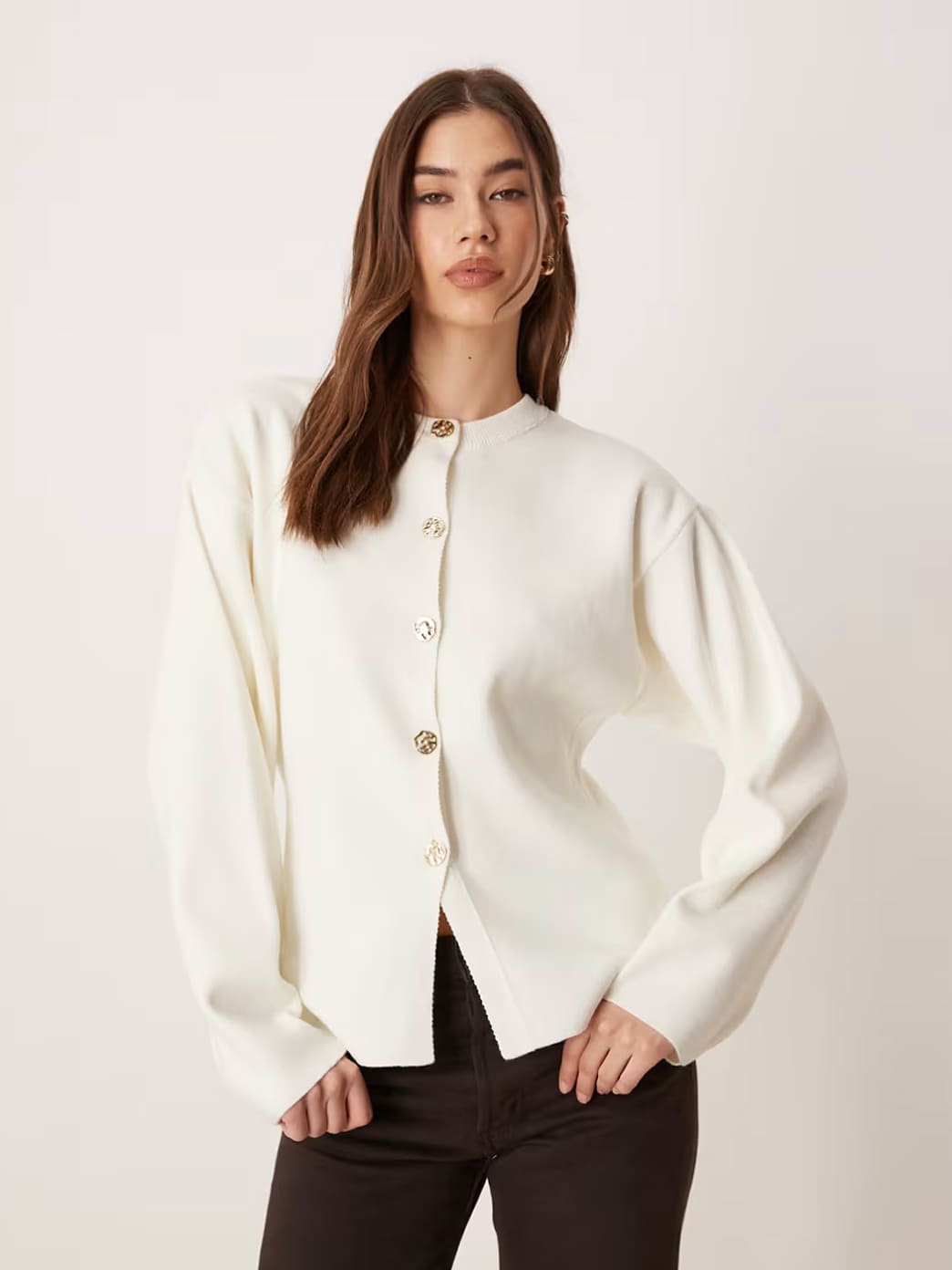 Ivory sculpted cardigan, front view