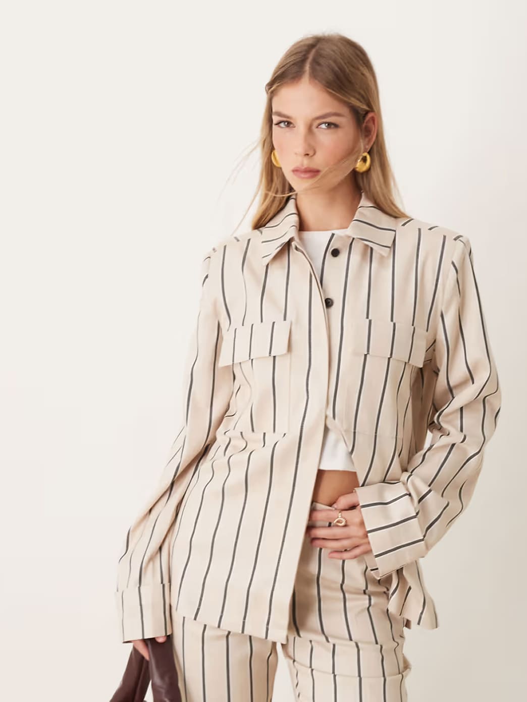 Pinstripe shirt and trouser set, detail view