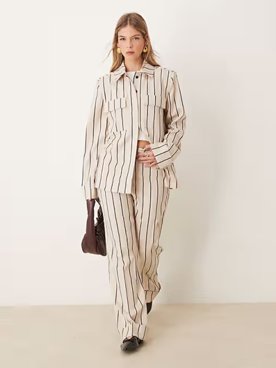 Pinstripe shirt and trouser set, full view
