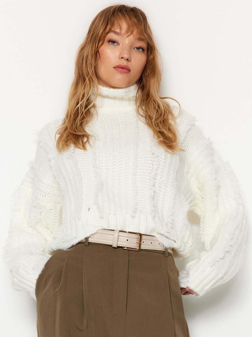 Cloud cable-knit sweater, front view
