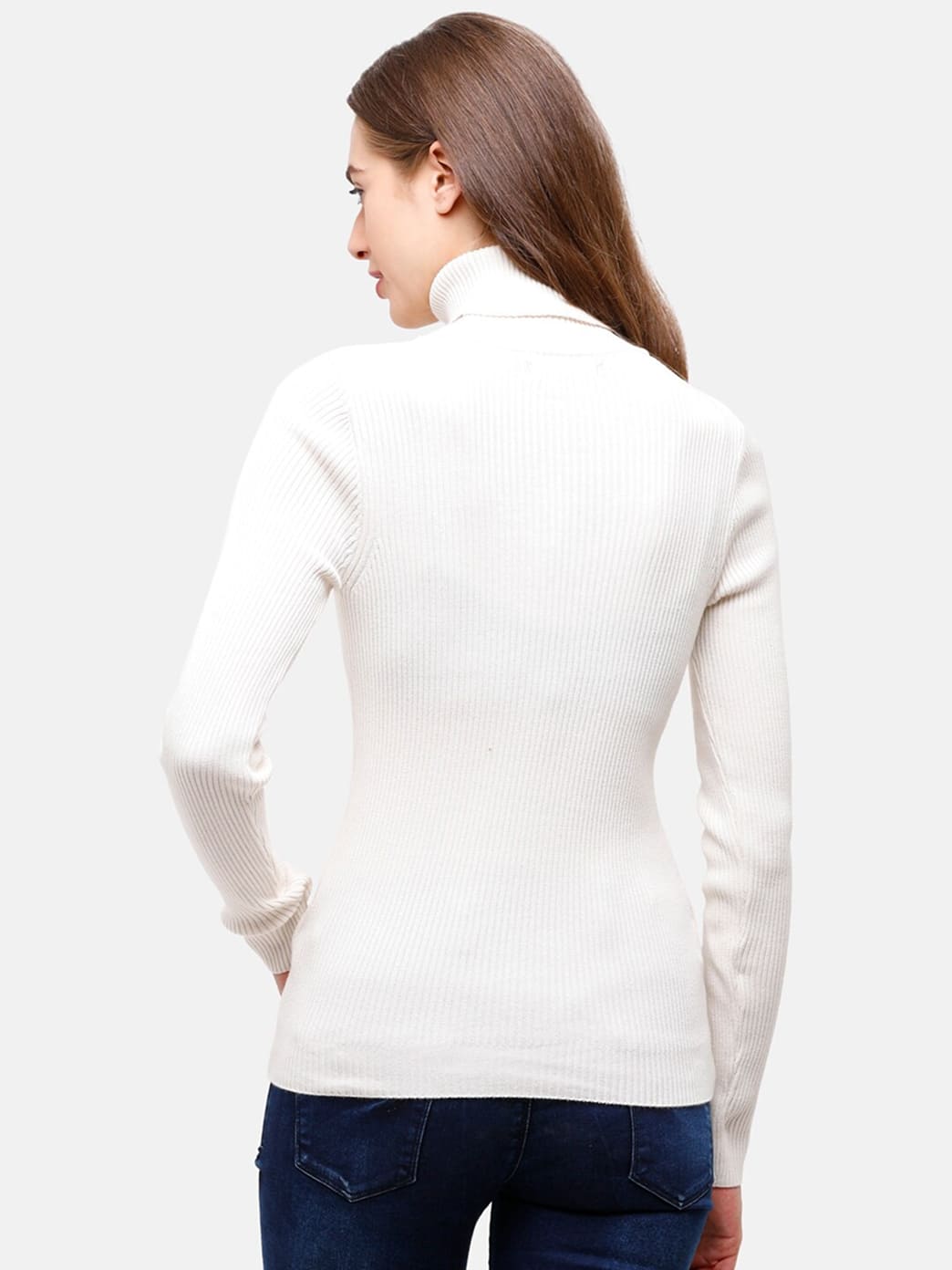 Ivory merino turtleneck, back view